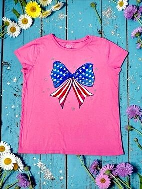 The Children’s Place Girls Patriotic Bow Tee Pink Silver Glitter XXL (16)